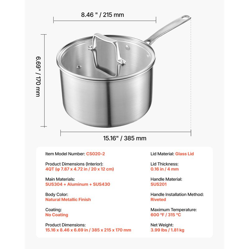 4 QT Stainless Steel Saucepan with Glass Lid - Induction & Oven Safe Pot