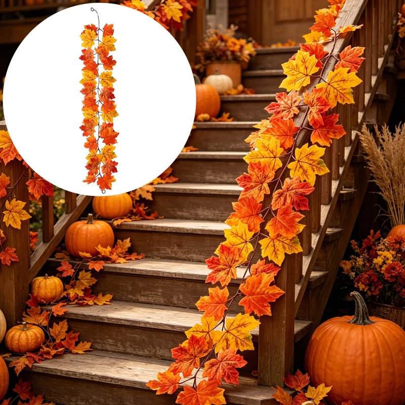 Autumn Maple Garland with Pumpkin Accents - 40in Fall Decor for Fireplace & Porch - Orange T
