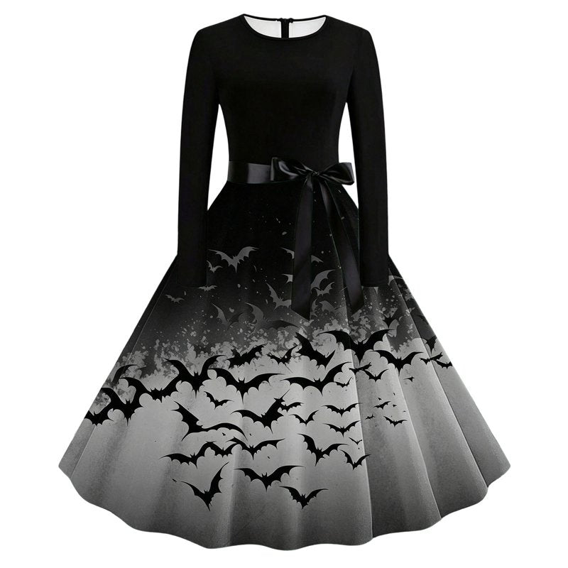 Women's Vintage Halloween Bat Print Swing Dress L Gray 1950s Retro Gothic Party
