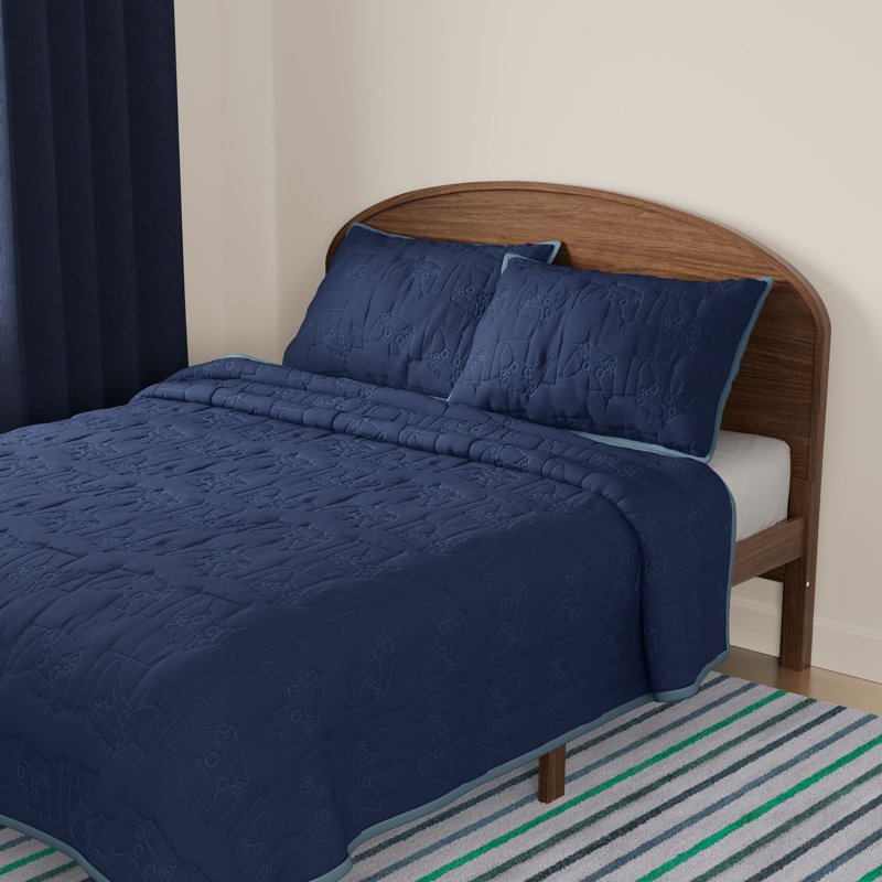 Mainstays Kids Reversible Stitch Quilt Set - Full/Queen, Blue, 3 Pieces