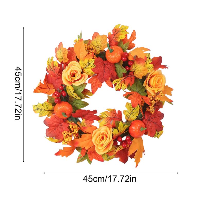 Fall Halloween Wreath for Front Door with Pumpkins & Maple Leaves - Indoor Outdoor Decor