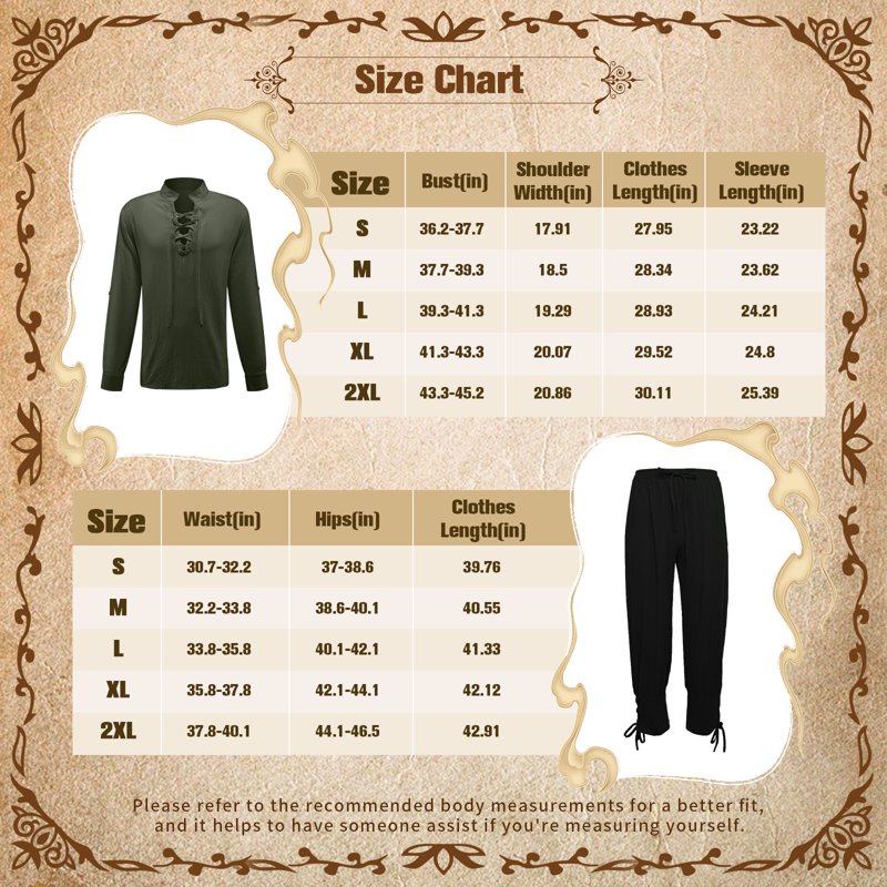 Men's Renaissance Pirate Costume Set - Medieval Shirt & Ankle Banded Pants, Green, M