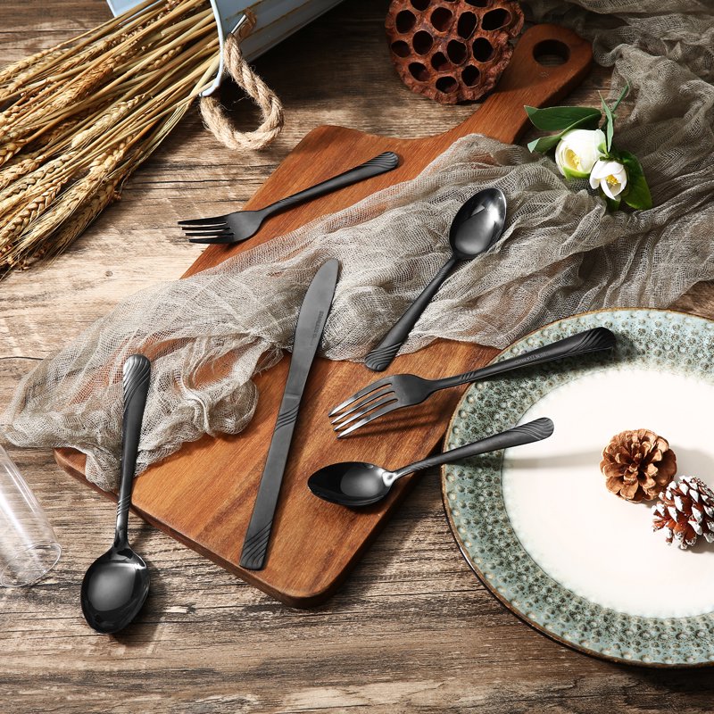 48-Piece Stainless Steel Flatware Set - Black Swirl Design