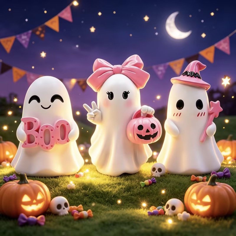 Pink Halloween Ghost Figurines Set - Pastel Resin Ghosts for Fall & Holiday Decor - Variation H