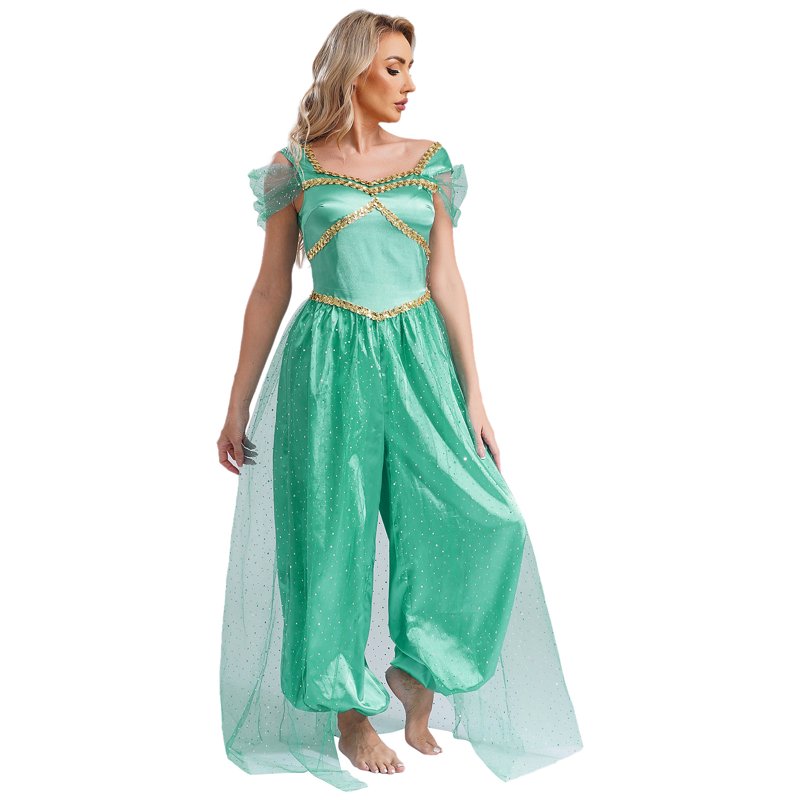 Women's Sequin Belly Dance Jumpsuit with Tulle Overlay - Turquoise 4XL