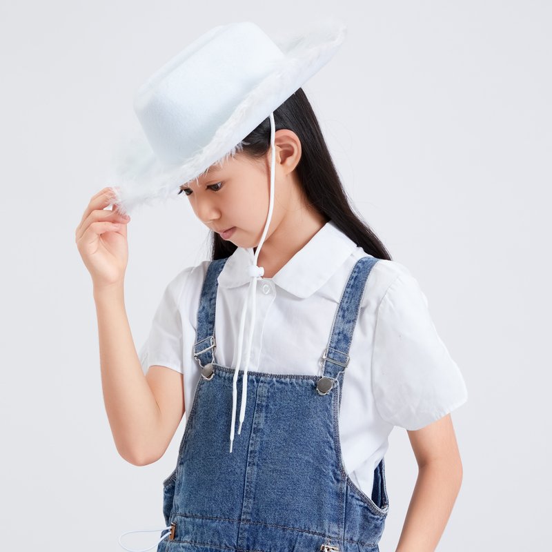 Kids Cowboy Hat with Wide Brim & Adjustable Strap - White Fur Trim, One Size