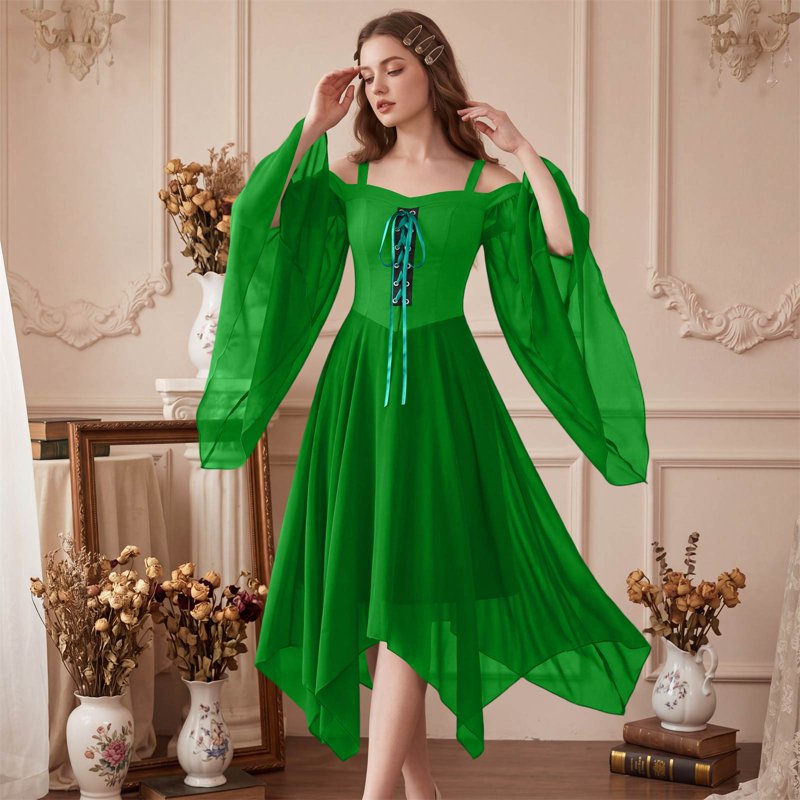 Women’s Gothic Witch Costume Dress - Medieval Renaissance Vampire Halloween Outfit - Green XL (Variation 01)