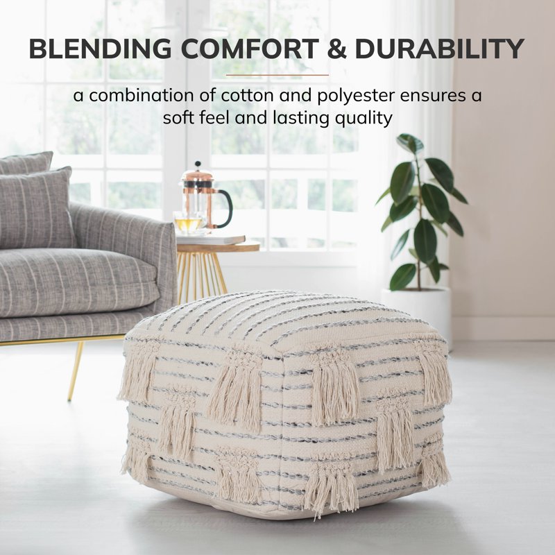 Beige Anji Mountain Cube Striped Woven Pouf - Handcrafted Style & Durable Comfort