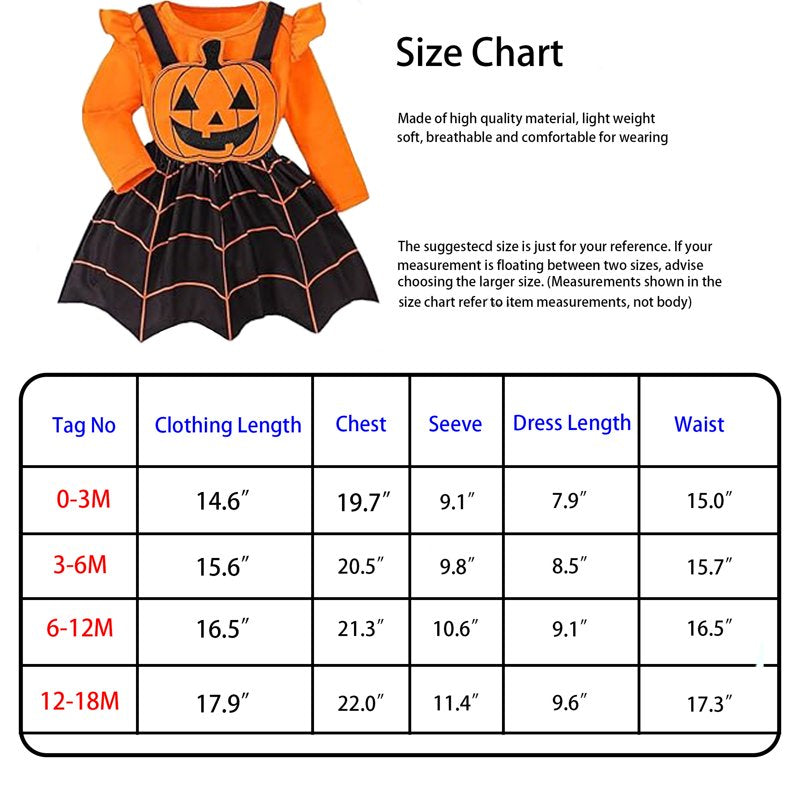 Baby Girls Halloween Dress Suit 0-3 Months Long Sleeve Suspender Romper with Headband