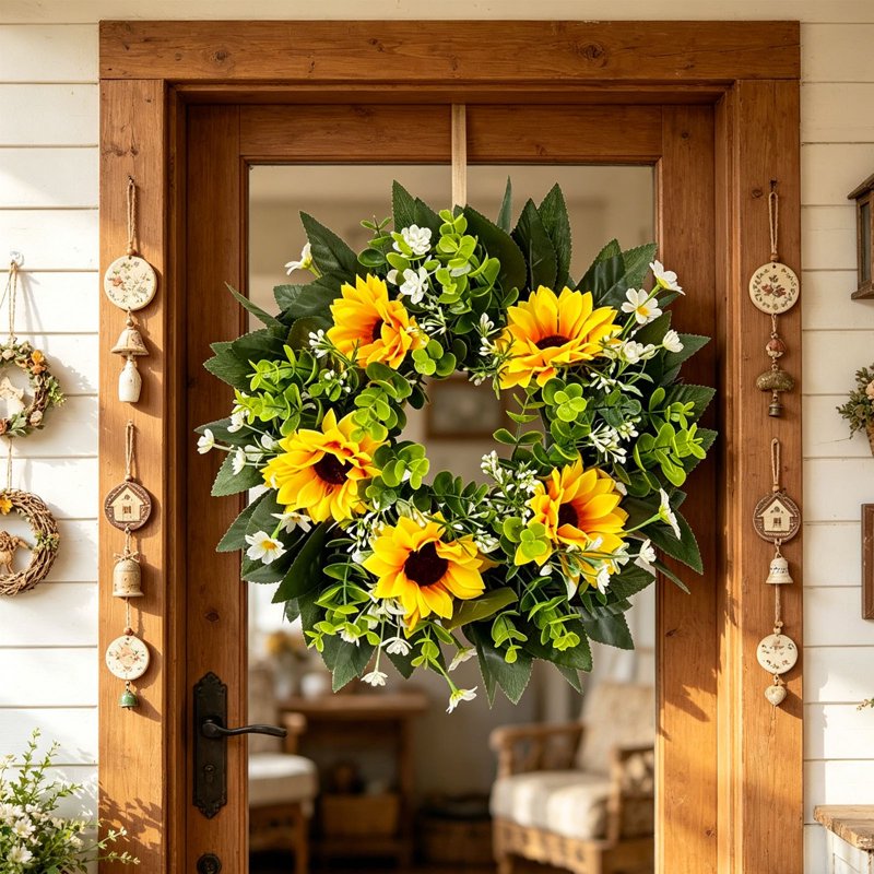 Sunflower Wreath Artificial Flower Door Decor Spring Summer 14 Inch - Variation 720-1-14