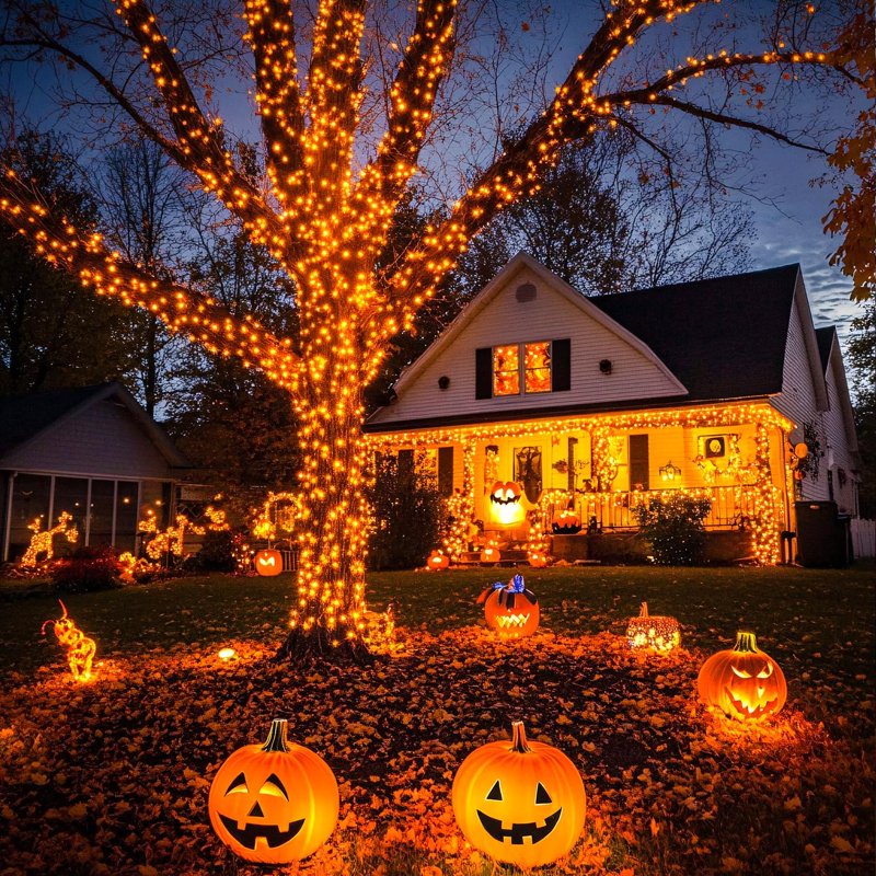 Orange Solar String Lights 100LED Outdoor Halloween Decor - 42.7ft, 8 Modes