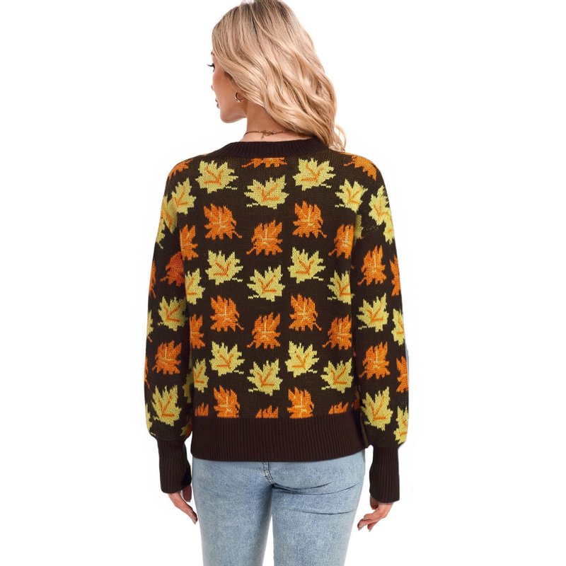 Women’s Y2K Maple Leaves Print Pullover Sweater - Fall Winter Casual Knitted Top, S - Brown