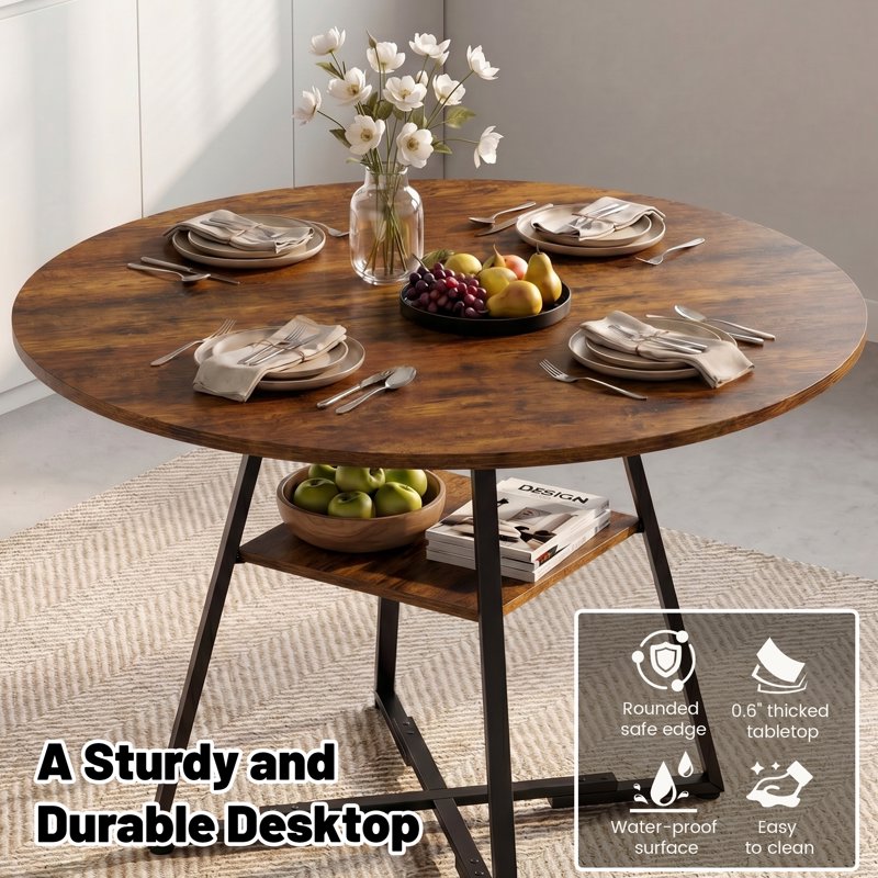 47 Inch Round Dining Table for 4-6 - Farmhouse Style, Rust