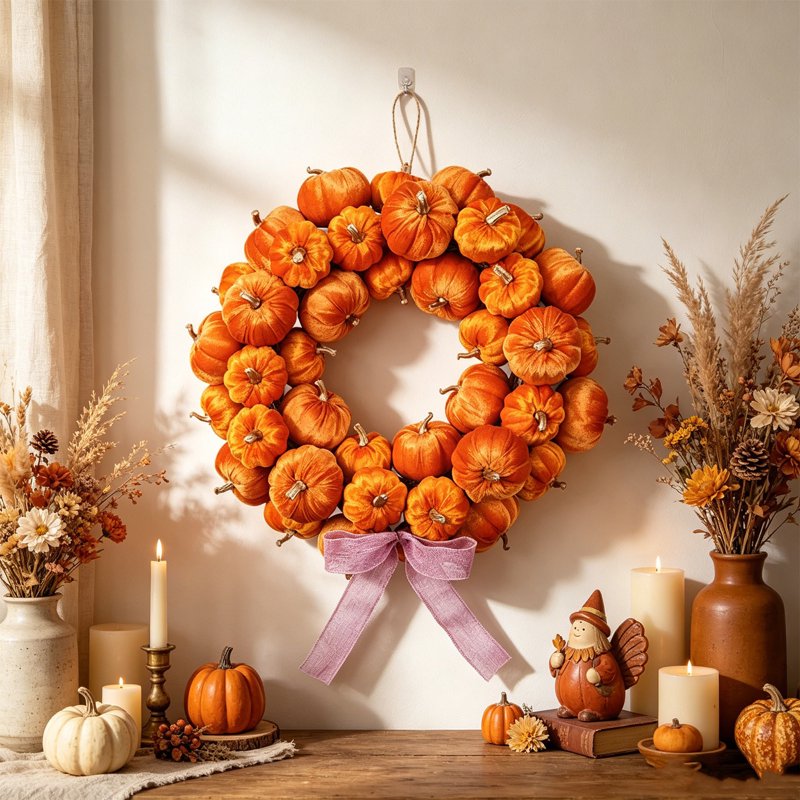 Artificial Fall Pumpkin Wreath with Bow - Orange Harvest Front Door Decor