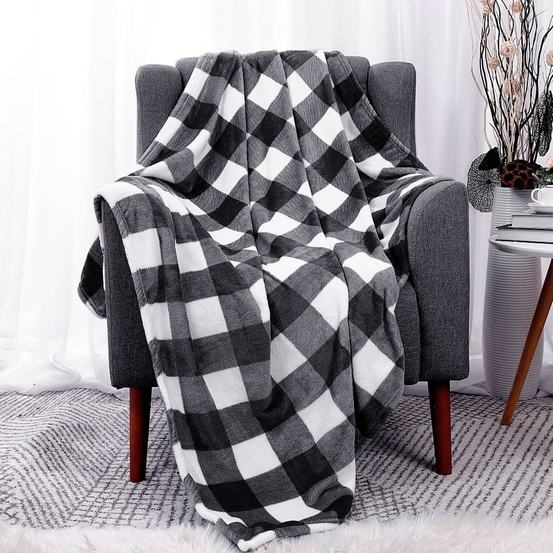 Plaid Soft Plush Fleece Blanket - 60 x 78 Inches, Black & White
