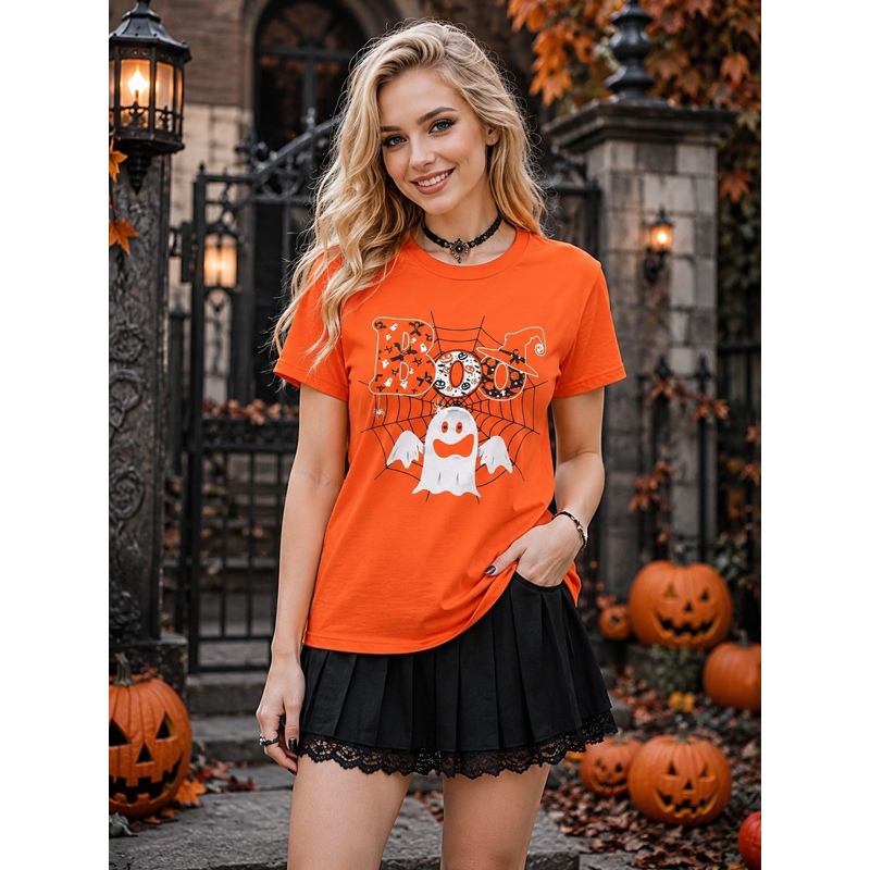 Women Halloween Boo T-Shirt Orange M Ghost Pumpkin Spider Graphic Crew Neck