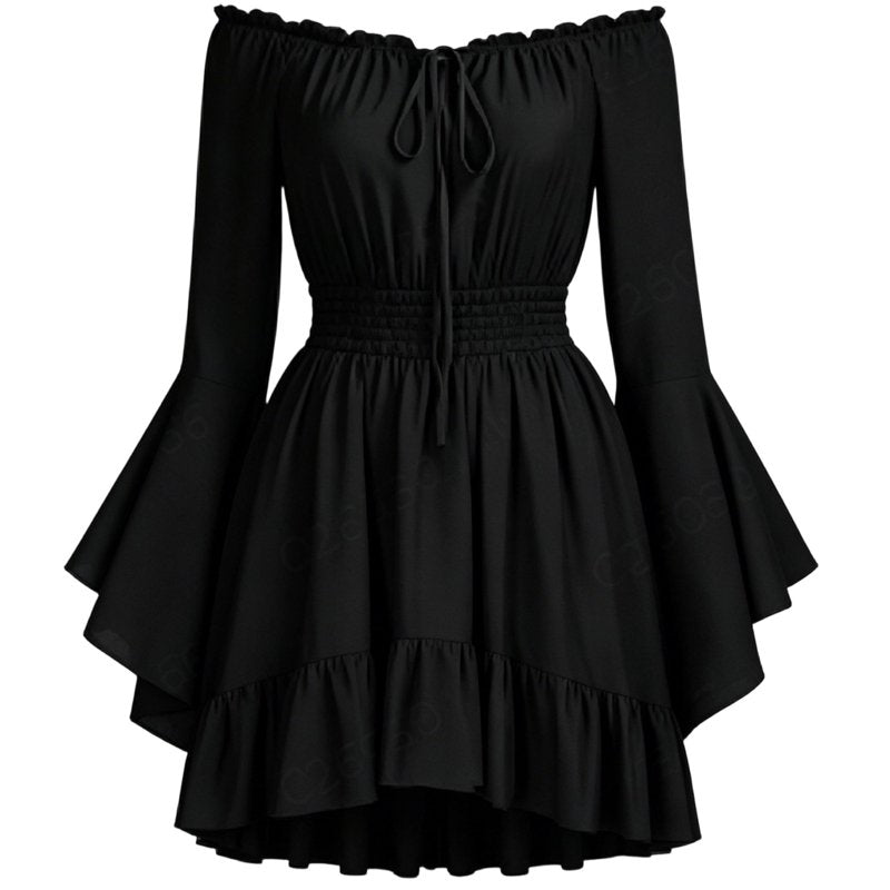 Women's Gothic Pirate Off Shoulder Mini Dress S - Black, Flowy Halloween Costume