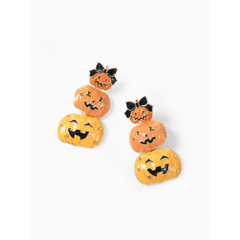 Jack-O-Lantern Stack Halloween Earrings - Spooky Season Dangle Jewelry - Goldtone, Hypoallergenic, 1 Pair