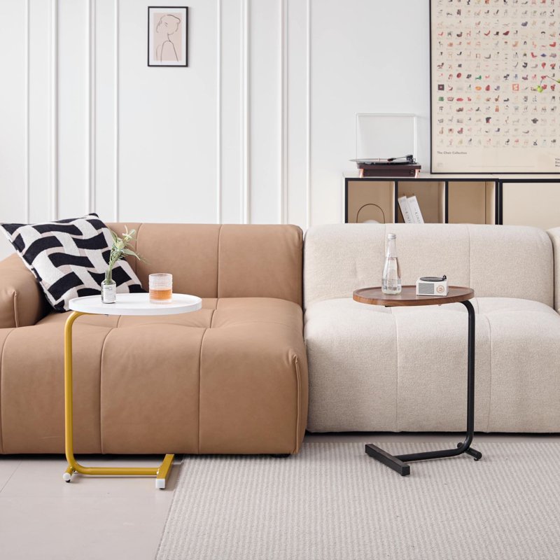 C-Shaped Side Table with Metal Frame - Space-Saving Design