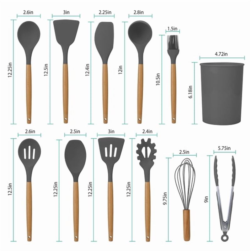 11-Piece Silicone Cooking Utensil Set with Wooden Handles - Grey