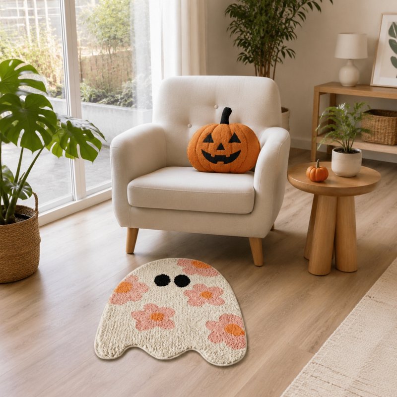 Halloween Pinks Ghost Doormat with Floral Patterns - Indoor Outdoor Rug, 15.7x23.6in