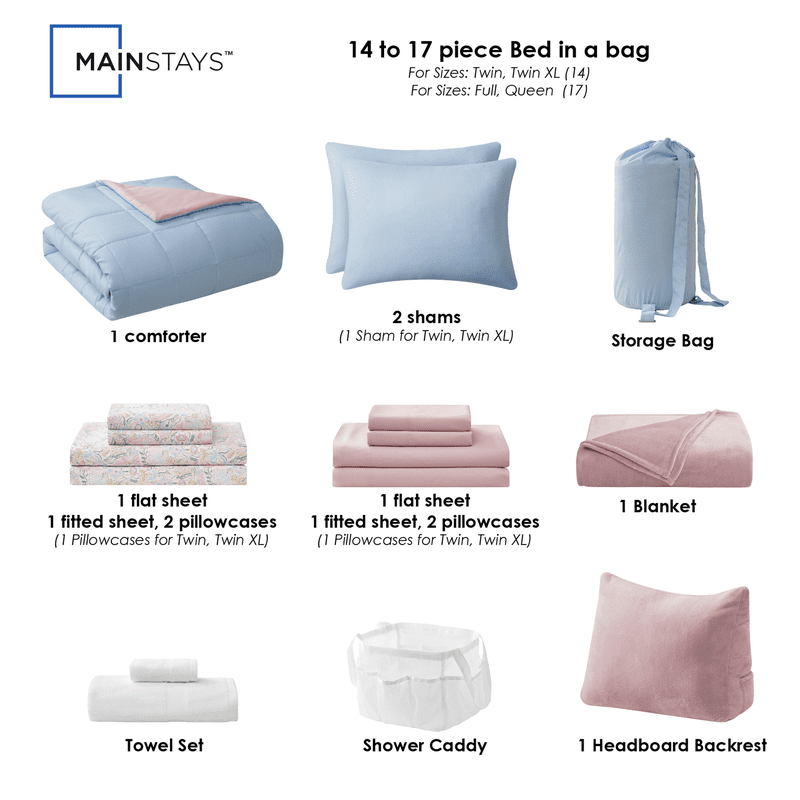 Mainstays Dorm Essentials Queen Reversible Bed-in-a-Bag Comforter Set - Light Blue & Pink
