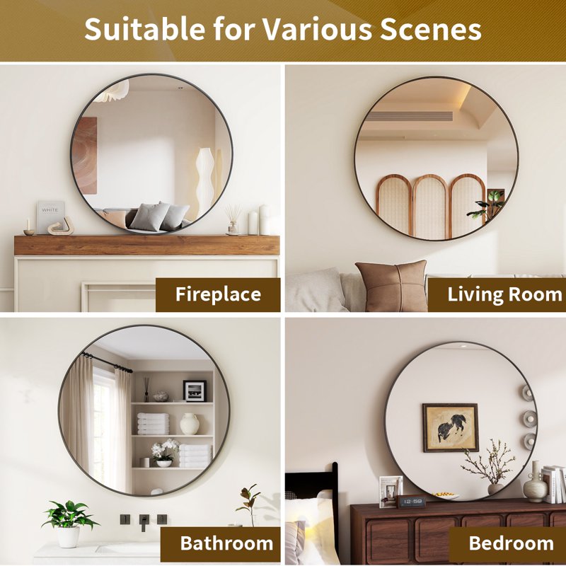 30 Inch Black Round Wall Mirror - Aluminum Frame Bathroom Mirror - Easy4Home 30"