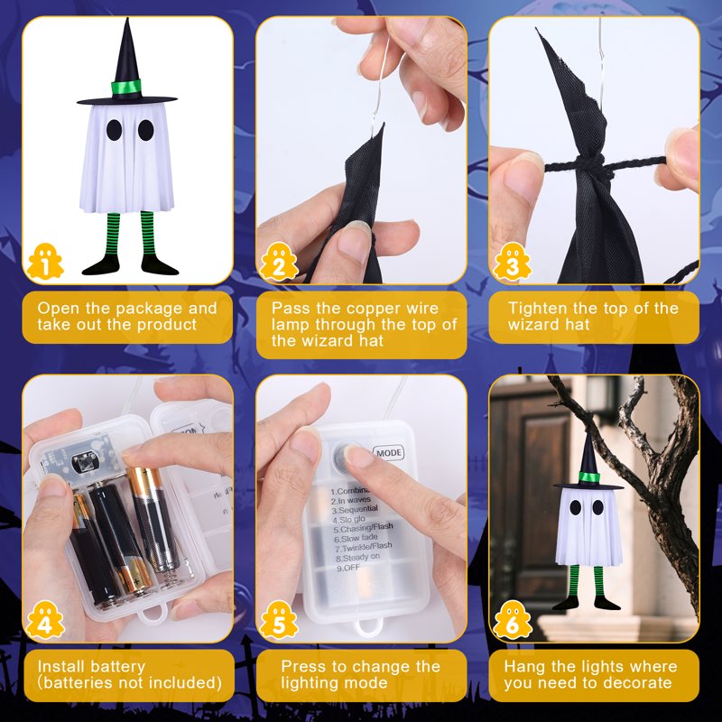 Halloween LED Hanging Lights 3-Pack Witch Ghosts - Purple, Green, Orange, Waterproof Battery Case, 3 Modes - 3pcs Witch Ghosts