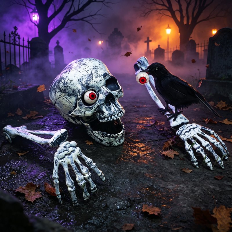 Halloween Skeleton Stakes with Crow and Red Eyes Garden Outdoor Decor