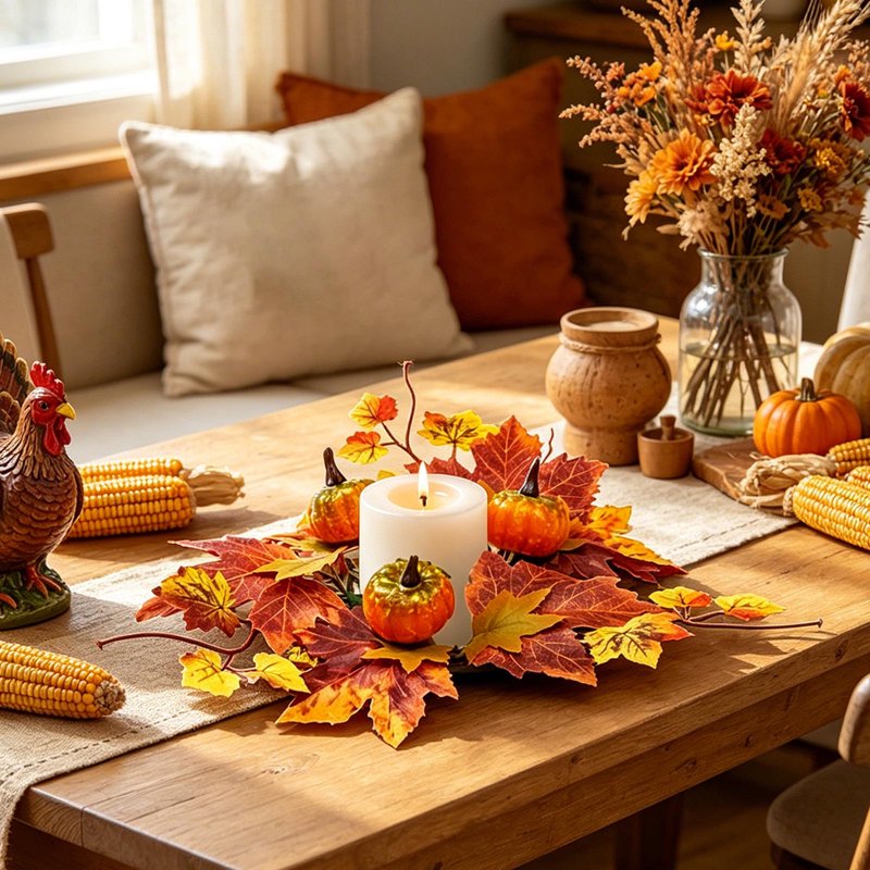 Fall Pumpkin Candle Ring with Maple Leaves - Rustic Autumn Wreath for Pillar Candles - Variation #34