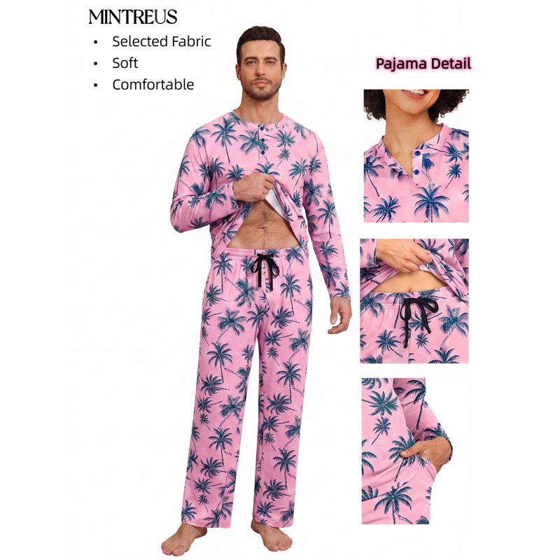 Pink Blue Palm Couple Pajama Set for Women Men M - Soft Holiday Sleepwear