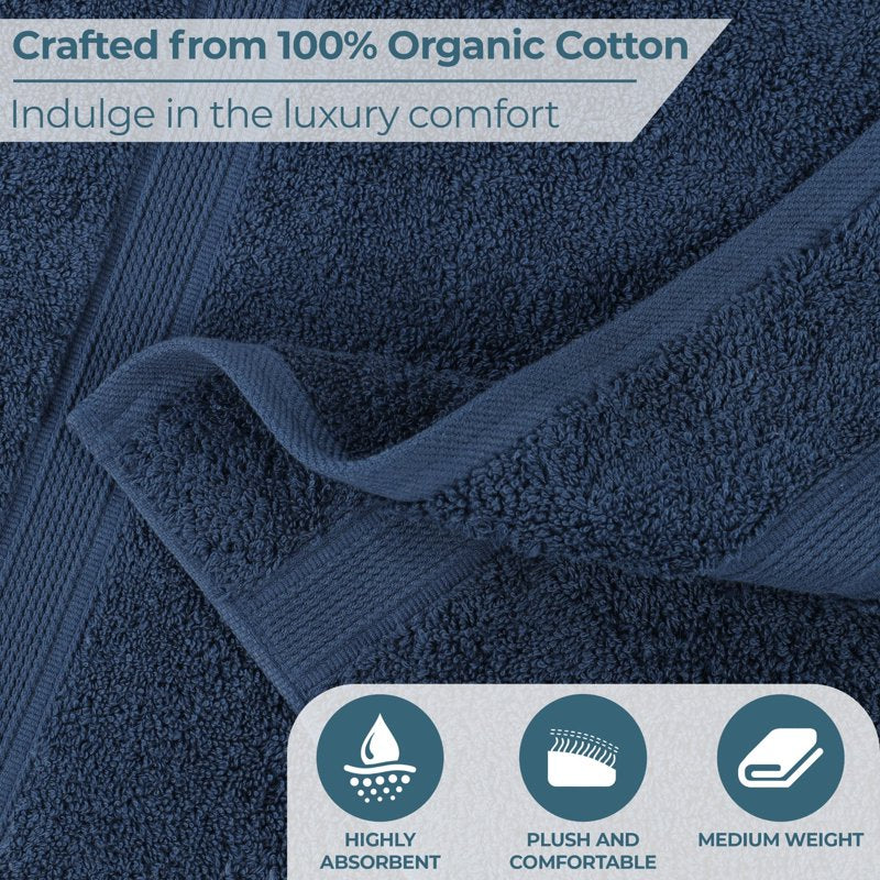 Organic Cotton Bath Towel Set - Navy Blue 2-Piece, Medium Weight, Soft & Absorbent