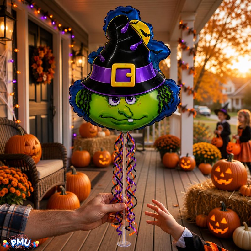 PMU Halloween Pre-Inflated 9 Inch Witch Face Balloons on Stick - Pkg of 1