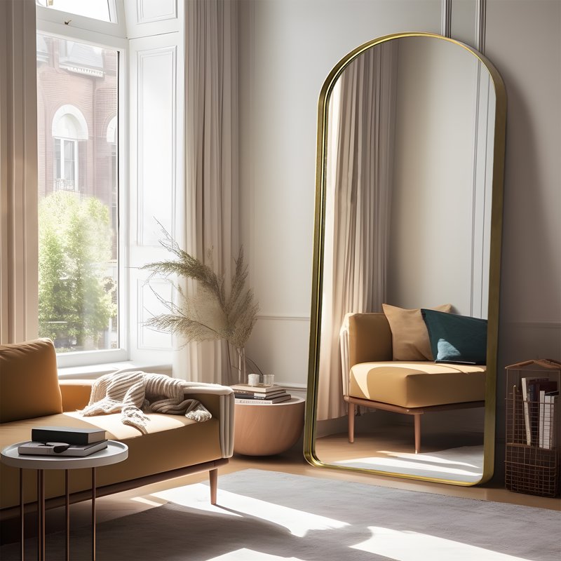 71x32 Inch Gold Arched Wall Mirror - Rounded Corner Aluminum Mount, Vertical Hanging