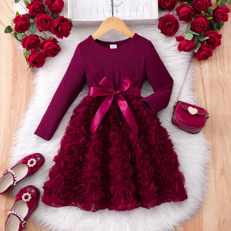 Toddler Girls Dress with 3D Rose Pattern Long Sleeve Tulle - Size 5-6 Years - Wine