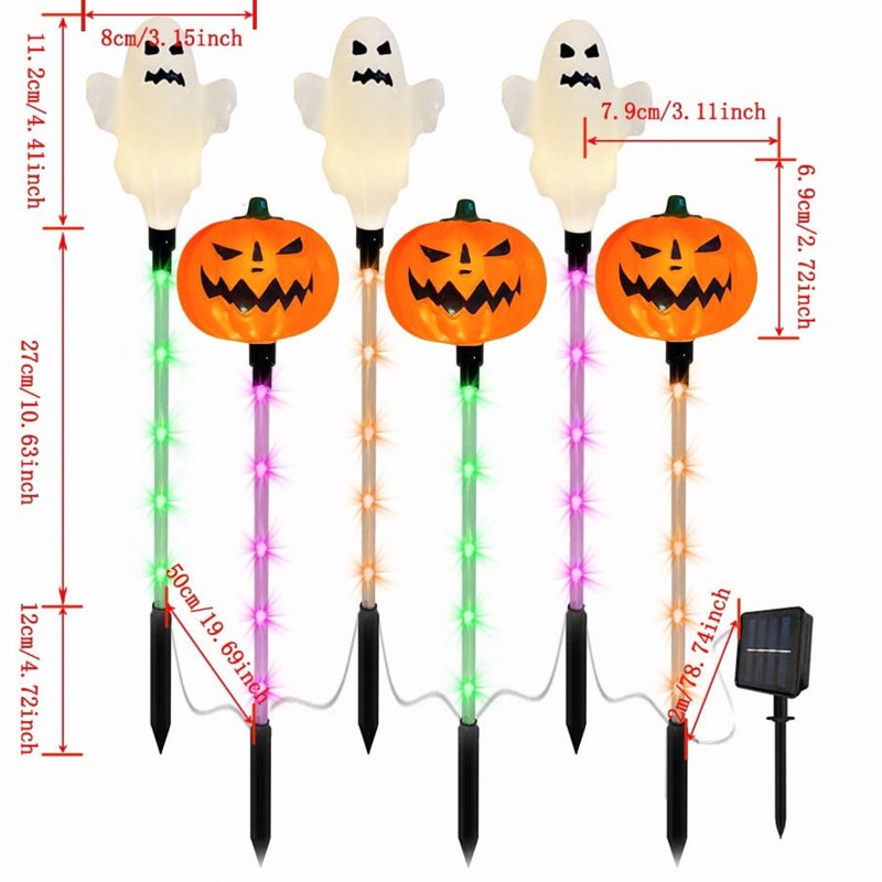 Halloween Solar Stake Lights Ghost Pumpkin Set Waterproof Multi-Color Glow - White & Orange