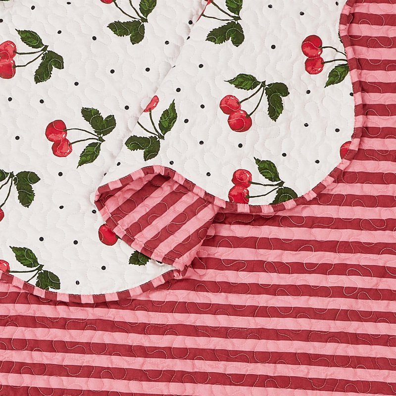 Cherry Reversible Quilt Set Twin XL - All Ages, Scalloped Edges, Soft Polyester