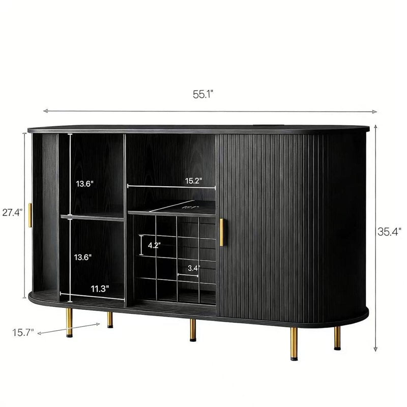 55" Wine Bar Cabinet with Storage & LED Lights - Black