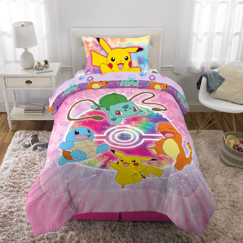 Pokemon Kids Reversible Comforter Bed in a Bag Twin - Purple Pink Tie Dye