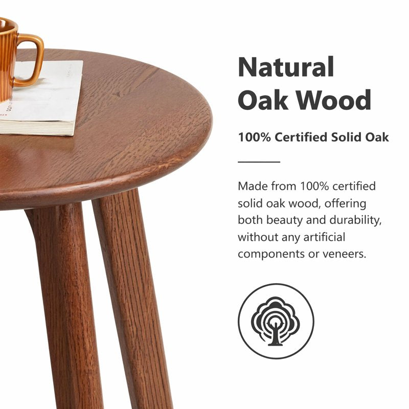 Solid Oak Wood Round End Table - Mid-Century Modern Accent Table