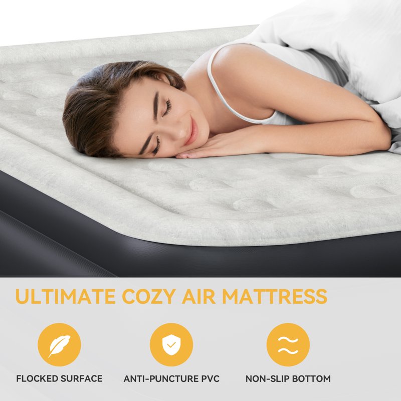 Queen Air Bed with Detachable Headboard & Built-In Pump - Portable Inflatable Mattress
