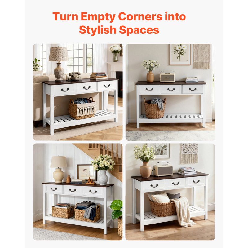 Rustic 47-Inch Console Table with Drawers & Shelf - Brown/White