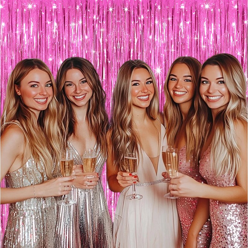Pink Foil Fringe Curtain - 4 Pack Shiny Metallic Tinsel Backdrop for Parties & Events - Variation of Pink 3