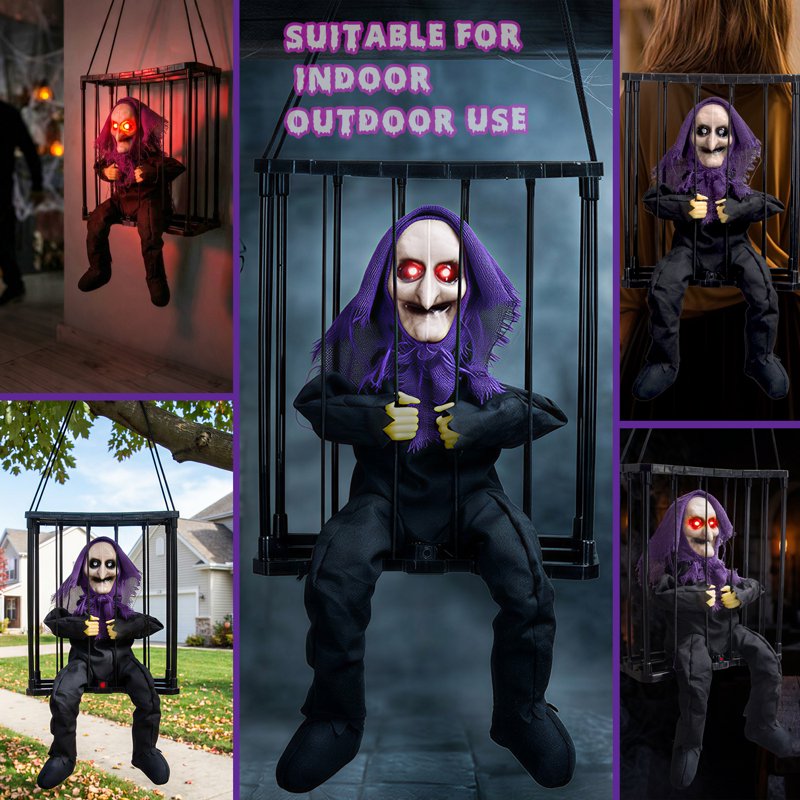 Magotan Animated Halloween Hanging Decor Style D with Motion Sensor - Spooky Pumpkin Ghost Cage