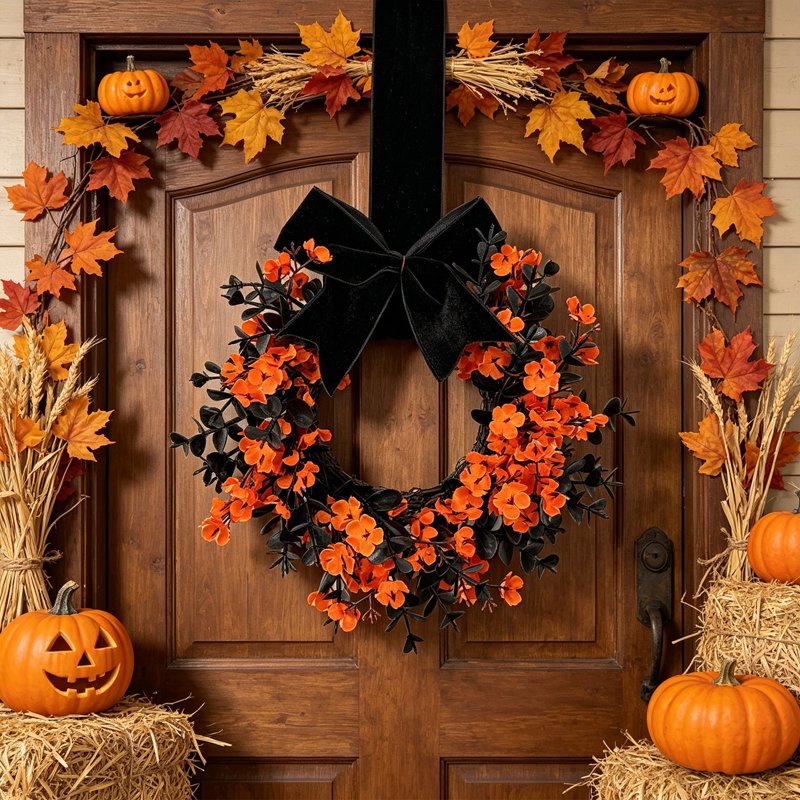 Halloween Wreath with Ribbon Bows and Artificial Flowers - Orange Star Shape, Fall & Holiday Decor - Variation: Halloween-Orange