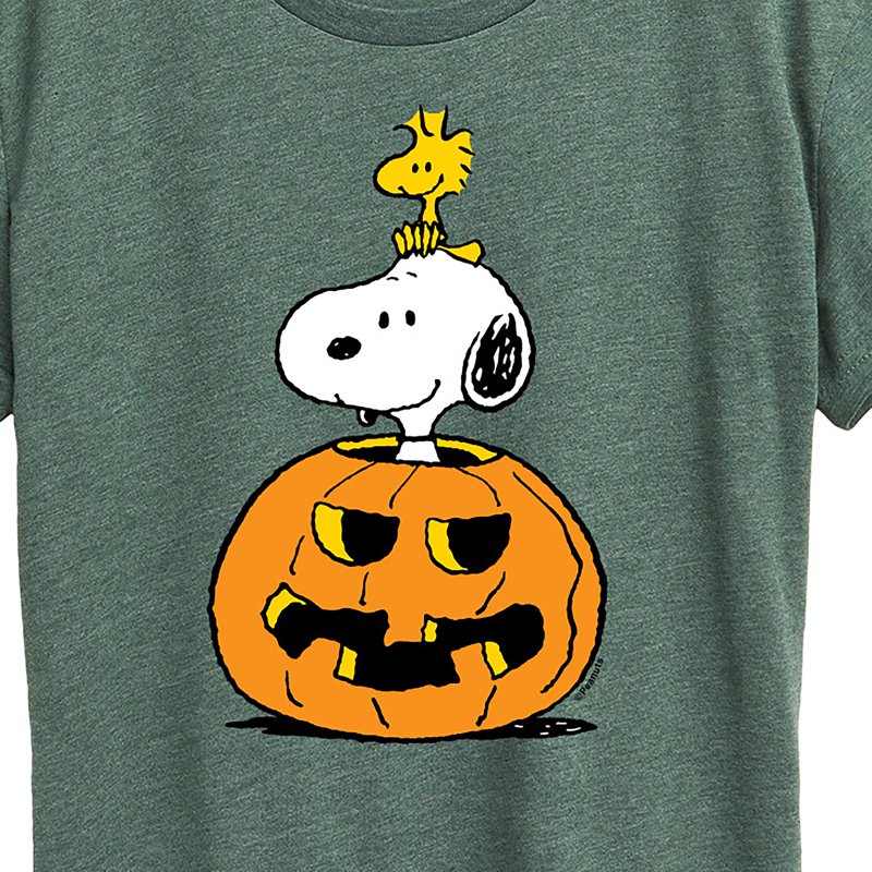 Women's Heather Juniper Snoopy Woodstock Pumpkin Graphic T-Shirt - 1X
