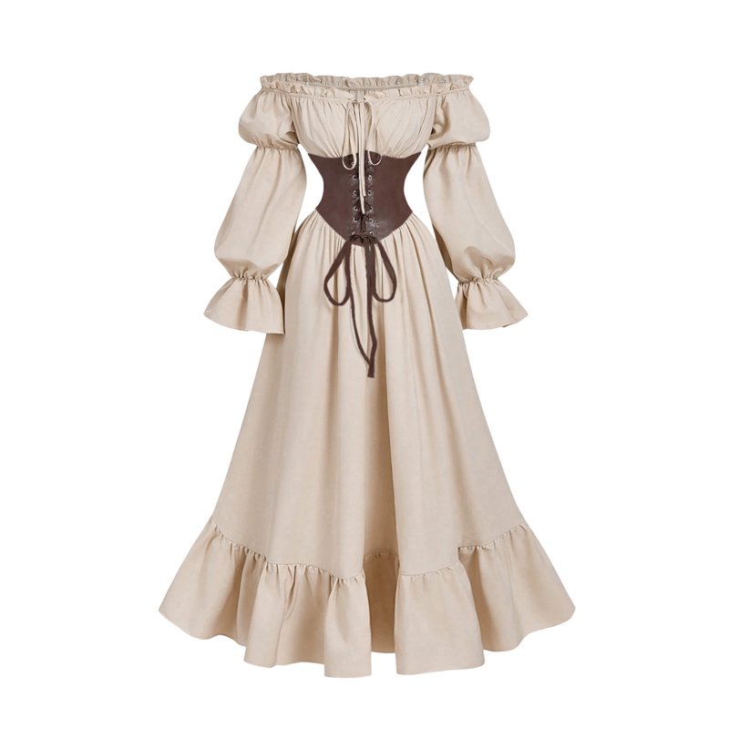 Gothic Corset Maxi Dress for Women Halloween Victorian Off Shoulder Ruffle Hem Beige XL - Variation BB-Beige