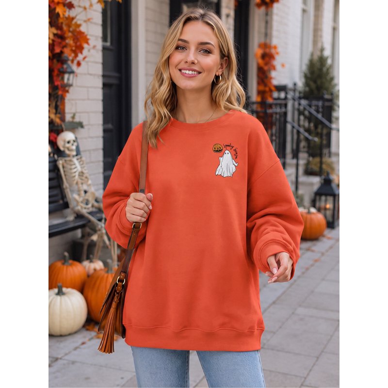 Halloween Pumpkin Sweatshirt Women Spooky Season Long Sleeve Pullover - Orange XXL