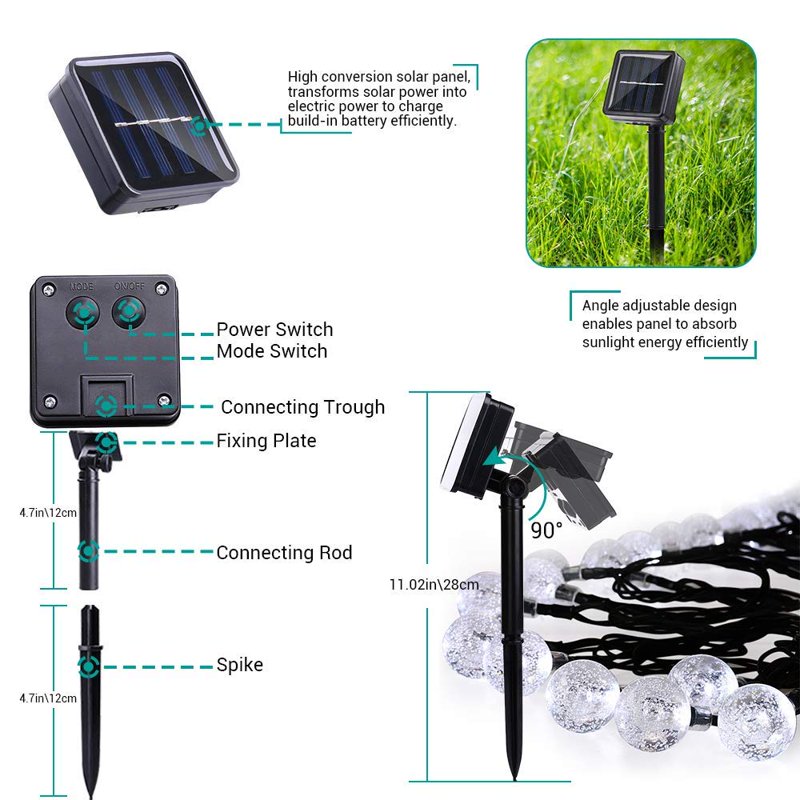 20 LED Solar Bubble Globe String Lights - Waterproof 8 Mode Fairy Lights for Garden & Party - Multi, 4.85M