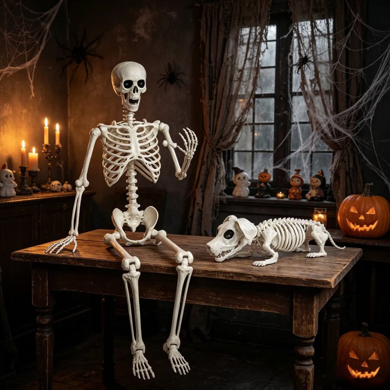 Halloween Skeleton Set – 2 Pcs Posable Human & Dog Skeleton Decorations Indoor Outdoor